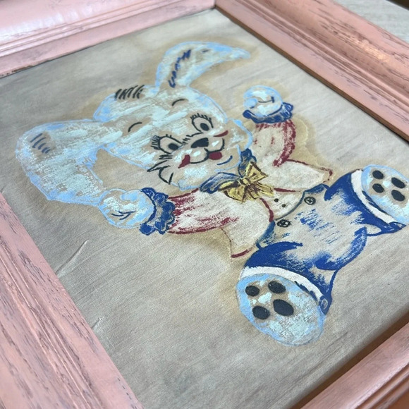 Vintage 50s Children’s Bedroom Decor Painted Framed Canvas Bunnies & Elephants - Picture 7 of 9